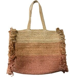 Shiraleah Chicago Ombre Jute Tote Bag Fringe Trim Tan Pink Terracotta Boho Large